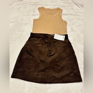 Monki Brown Corduroy A-Line Skirt & Beige Sleeveless Top